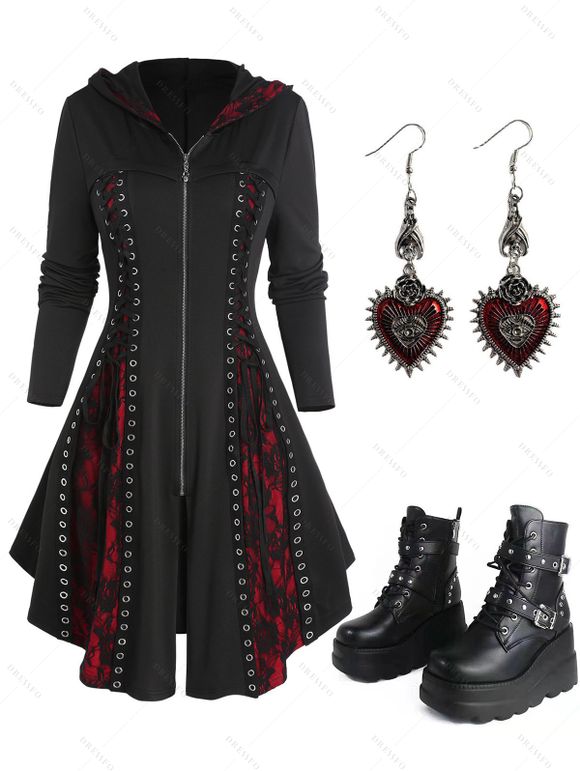 Lace Up Patchwork Zip Up Long Gothic Hooded Coat And Chunky Sole Martin Boots Drop Earrings Outfit - Noir S | US 4