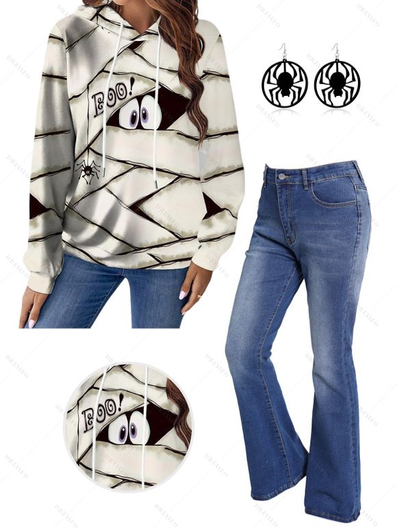 Halloween Eye Geometric Allover Print Hoodie And Zip Fly Flare Jeans Spider Pattern Drop Earrings Outfit - Blanc S | US 4