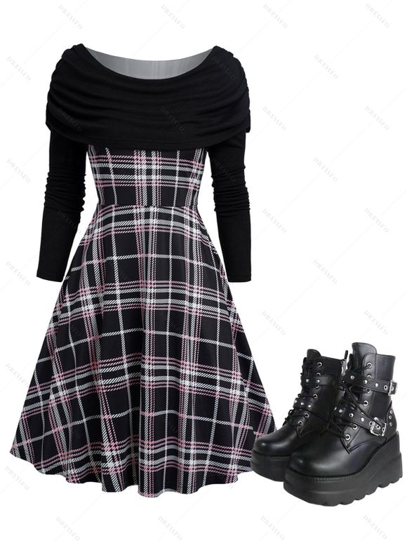 Plaid Print Off the Shoulder Cinched Shoulder Dress And Chunky Sole Buckle Straps Zipper Martin Boots Outfit - Noir S | US 4