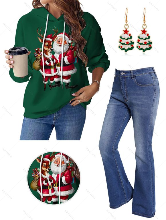 Christmas Santa Claus Elk Print Drawstring Hoodie And Zip Fly Flare Jeans Drop Earrings Outfit - Vert profond S | US 4