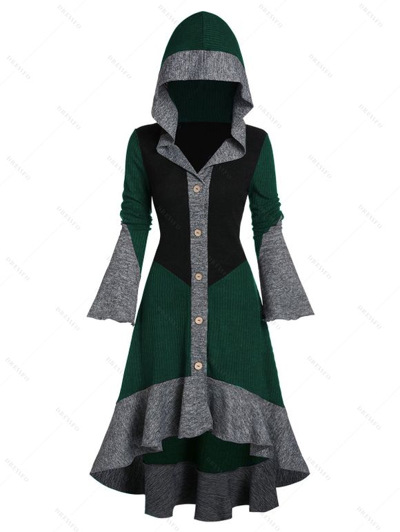 Robe à Capuche Tricotée Boutonnée en Blocs de Couleurs Ourlet Haut Bas à Manches Evasées - Vert profond S | US 4