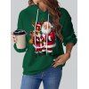 Christmas Santa Claus Elk Print Drawstring Hoodie And Zip Fly Flare Jeans Drop Earrings Outfit - Vert profond S | US 4