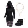 Tribal Print Patchwork Hooded Dress And Lace Up Chunky Heel Faux Leather Boots Layered Necklace Outfit - Noir S | US 4