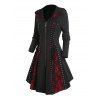 Lace Up Patchwork Zip Up Long Gothic Hooded Coat And Chunky Sole Martin Boots Drop Earrings Outfit - Noir S | US 4