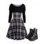 Plaid Print Off the Shoulder Cinched Shoulder Dress And Chunky Sole Buckle Straps Zipper Martin Boots Outfit - Noir S | US 4