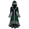 Colorblock High Low Hooded Knit Dress Button Up Flare Sleeve Flounce Hem Knitted Dress