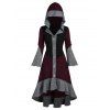 Colorblock High Low Hooded Knit Dress Button Up Flare Sleeve Flounce Hem Knitted Dress