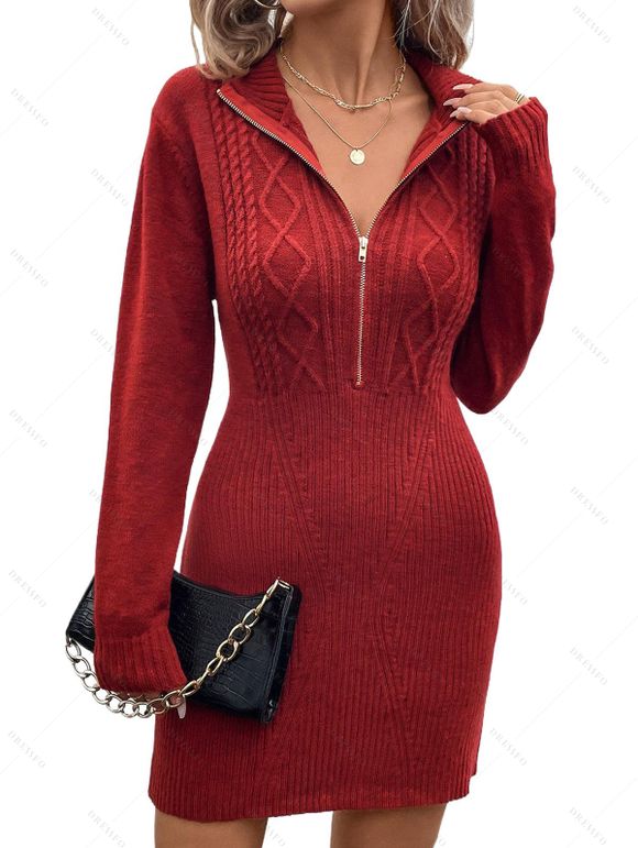 Mini Robe Pull à Demi-Zip en Tricot à Câble en Couleur Unie - Rouge foncé S | US 4