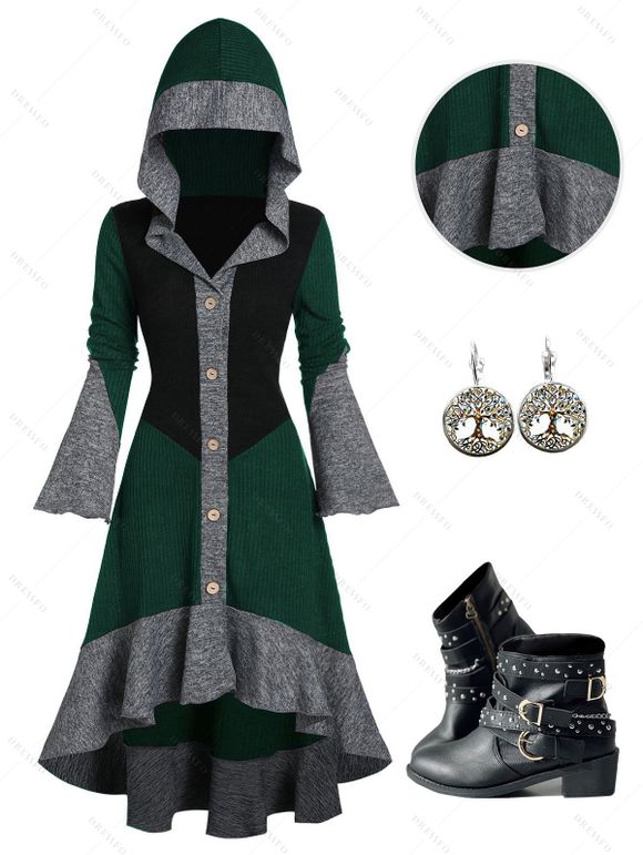 Colorblock Flare Sleeve High Low Button Up Knit Hooded Dress And Chunky Heel Punk Boots Hoop Drop Earrings Outfit - Vert profond S | US 4