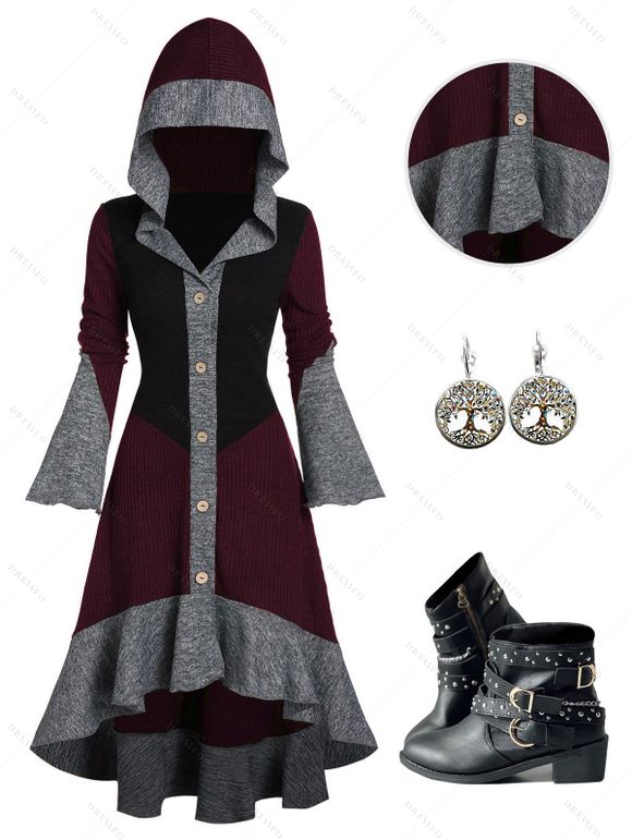 Colorblock Flare Sleeve High Low Button Up Knit Hooded Dress And Chunky Heel Punk Boots Hoop Drop Earrings Outfit - Rouge foncé S | US 4