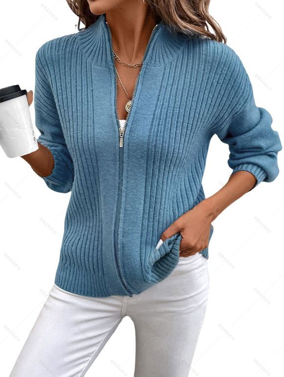 Cardigan Décontracté Côtelé Zippé à Goutte Epaule en Couleur Unie - Bleu Ciel S | US 4