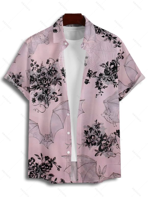 Chemise Décontractée Chauve-souris Imprimé Boutonnée à Manches Roulées pour Homme - Rose clair XL