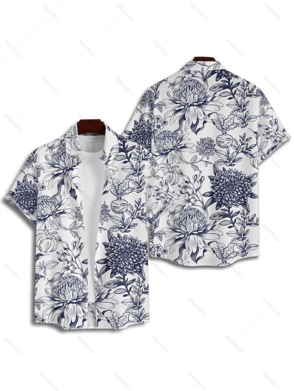 Chemise Décontractée Boutonnée Fleur et Gentilhomme Imprimés à Manches Courtes - Blanc L