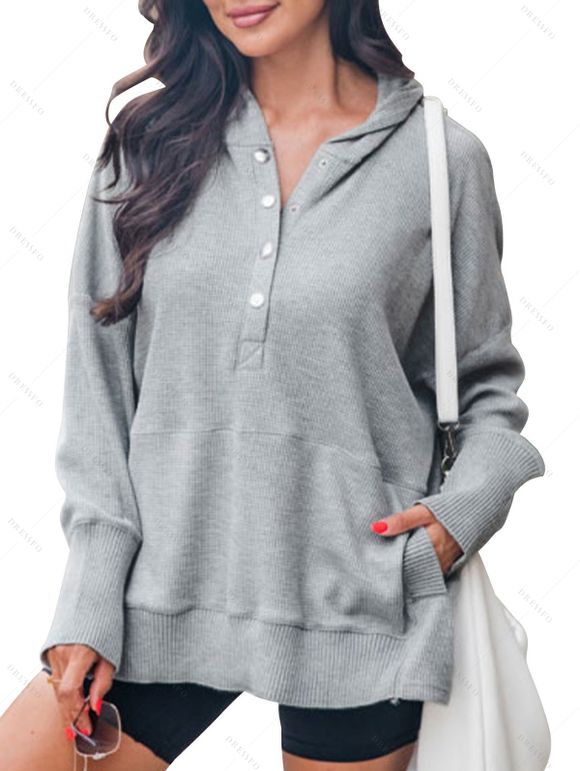 Pull à Capuche en Couleur Unie à Manches Raglan avec Poche à Demi-Zip - Gris Clair L | US 8