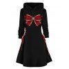 Christmas Bowknot Print Drawstring Hoodie Side Lace Up A Line Hooded Dress