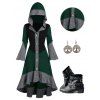 Colorblock Flare Sleeve High Low Button Up Knit Hooded Dress And Chunky Heel Punk Boots Hoop Drop Earrings Outfit