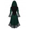 Colorblock Flare Sleeve High Low Button Up Knit Hooded Dress And Chunky Heel Punk Boots Hoop Drop Earrings Outfit - Vert profond S | US 4