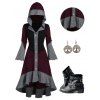 Colorblock Flare Sleeve High Low Button Up Knit Hooded Dress And Chunky Heel Punk Boots Hoop Drop Earrings Outfit