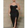 Robe à Bretelle Fine Fendue Cristal en Couleur Unie de Grande Taille - Noir XL | US 12