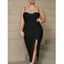 Robe à Bretelle Fine Fendue Cristal en Couleur Unie de Grande Taille - Noir XL | US 12