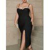 Robe à Bretelle Fine Fendue Cristal en Couleur Unie de Grande Taille - Noir XL | US 12