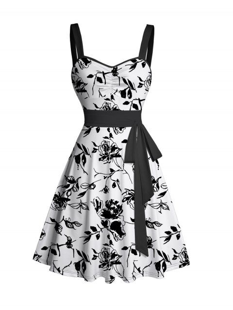 Mini Robe Ceinturée Feuille Fleurie Imprimée sans Manches à Volants