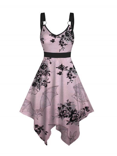 Halloween Bat Floral Print Asymmetric Dress V Neck O Ring Midi Dress
