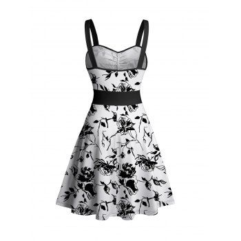 Floral Leaf Print Belted Mini Dress Ruched Sweatheart Neck Sleeveless Dress 