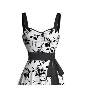 Floral Leaf Print Belted Mini Dress Ruched Sweatheart Neck Sleeveless Dress 