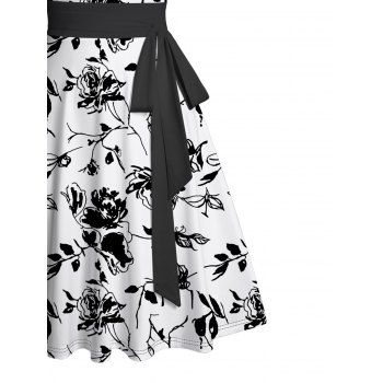 Floral Leaf Print Belted Mini Dress Ruched Sweatheart Neck Sleeveless Dress