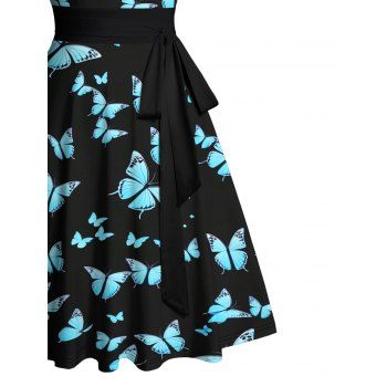 Allover Butterfly Print Belted Mini Dress Ruched Sweetheart Neck Dress