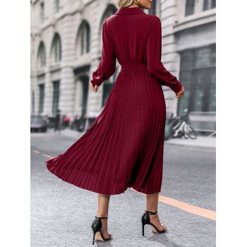 Solid Color O Ring Belt Crossover Pleated Dress Turn Down Collar Long Sleeve Dress