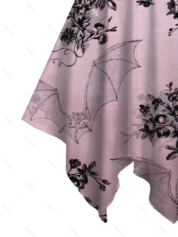 Robe D'Halloween Mi-Longue Asymétrique Bague Chauve-souris Fleurie Imprimée à Col V - Rose clair S | US 4