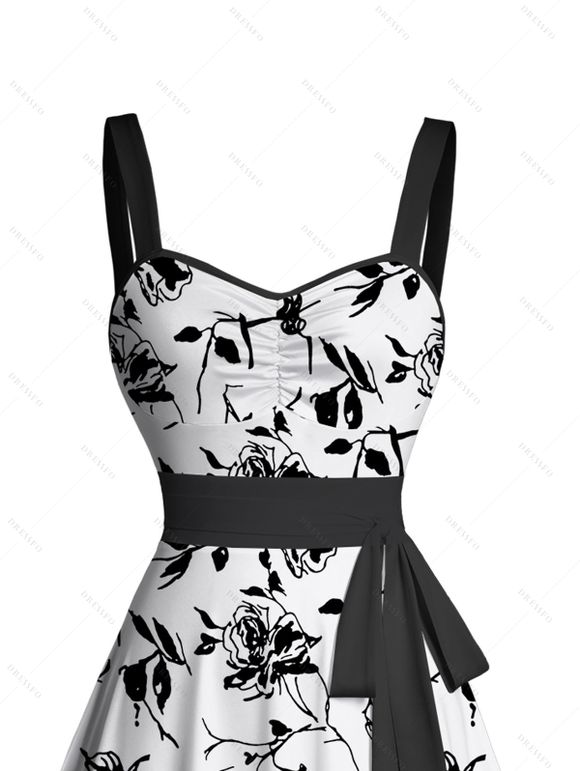 Mini Robe Ceinturée Feuille Fleurie Imprimée sans Manches à Volants - Blanc L | US 8-10