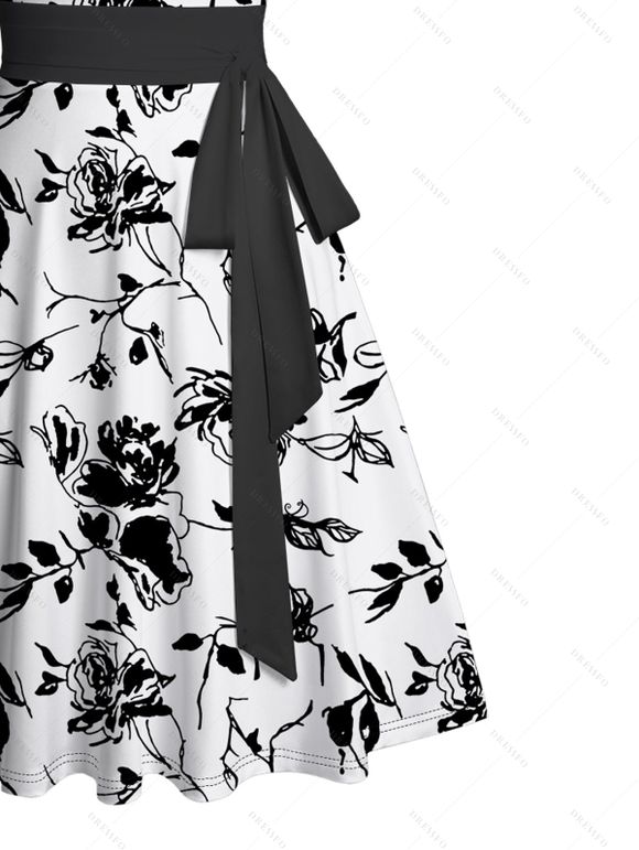 Mini Robe Ceinturée Feuille Fleurie Imprimée sans Manches à Volants - Blanc L | US 8-10