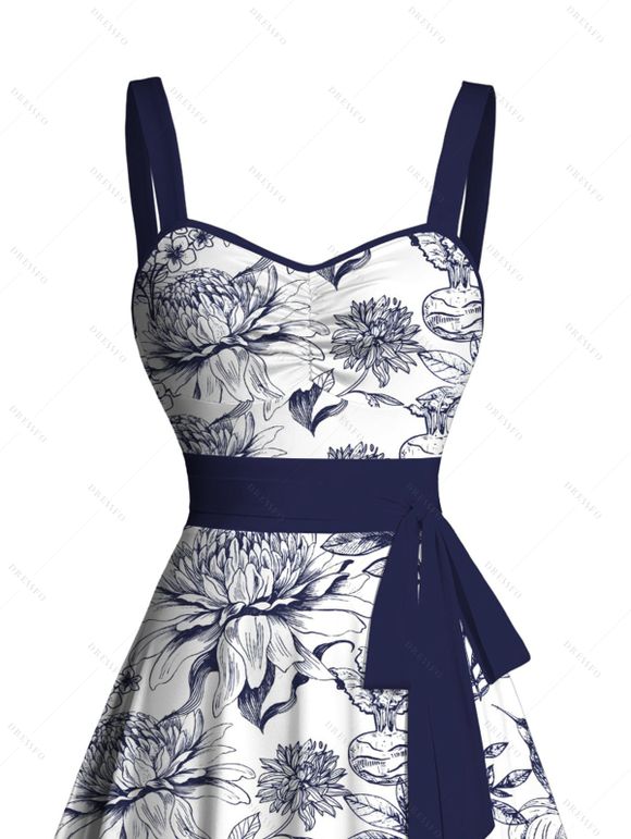 Mini Robe Ligne A Fleur Imprimée Ceinturée à Volants - Blanc XL | US 12