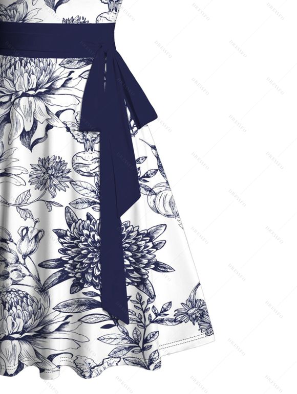 Mini Robe Ligne A Fleur Imprimée Ceinturée à Volants - Blanc XL | US 12