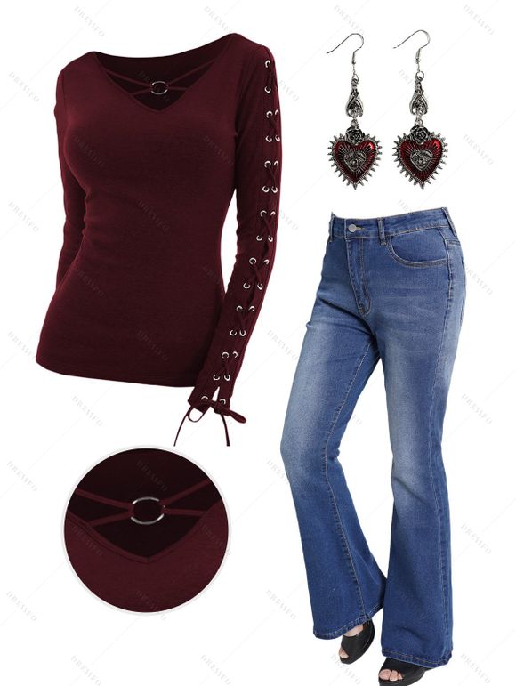 O Ring V Neck Lace Up Sleeve Top And Zip Fly Flare Jeans Drop Earrings Outfit - Rouge foncé S | US 4