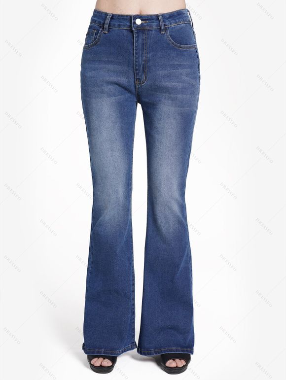 O Ring V Neck Lace Up Sleeve Top And Zip Fly Flare Jeans Drop Earrings Outfit - Rouge foncé S | US 4