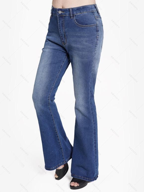 O Ring V Neck Lace Up Sleeve Top And Zip Fly Flare Jeans Drop Earrings Outfit - Rouge foncé S | US 4