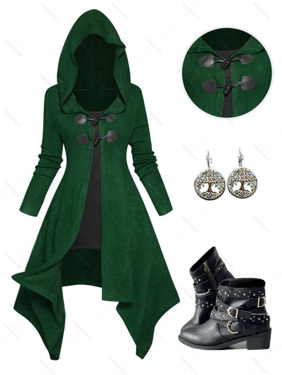 Asymmetric Horn Button Colorblock Hooded Knit Faux Twinset Top And Zip Up Chunky Heel Punk Boots Life Tree Hoop Drop Earrings Outfit - Vert profond S | US 4