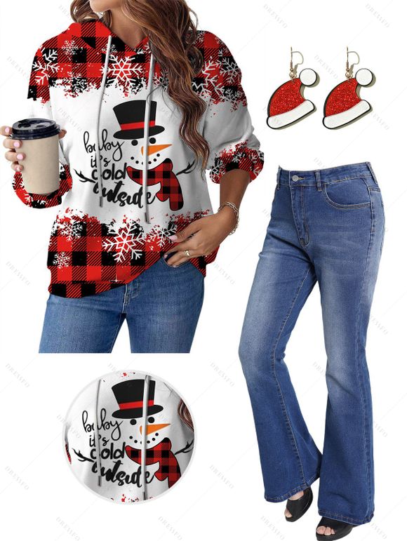 Christmas Plaid Snowman Letter Snowflake Print Drawstring Hoodie And Zip Fly Flare Jeans Hook Drop Earrings Outfit - Rouge foncé S | US 4