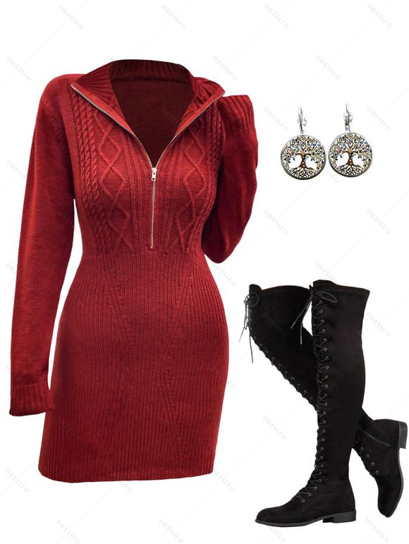 Cable Knit Half Zipper Mini Sweater Dress And Lace Up Over The Knee Boots Life Tree Hoop Drop Earrings Outfit - Rouge foncé S | US 4