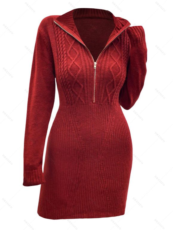 Cable Knit Half Zipper Mini Sweater Dress And Lace Up Over The Knee Boots Life Tree Hoop Drop Earrings Outfit - Rouge foncé S | US 4
