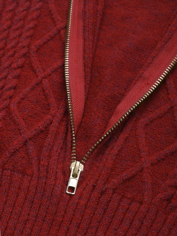 Cable Knit Half Zipper Mini Sweater Dress And Lace Up Over The Knee Boots Life Tree Hoop Drop Earrings Outfit - Rouge foncé S | US 4