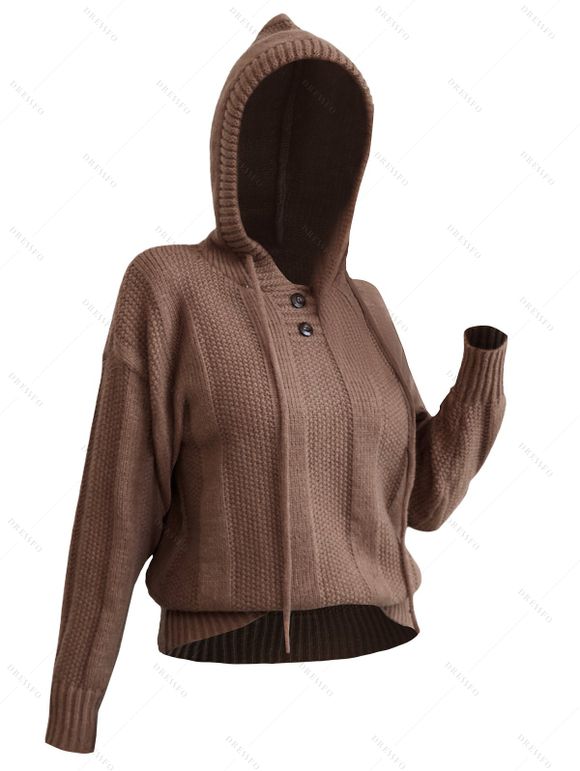 Pull à Capuche Côtelé Boutonné à Goutte Epaule en Couleur Unie à Cordon - café XL | US 10