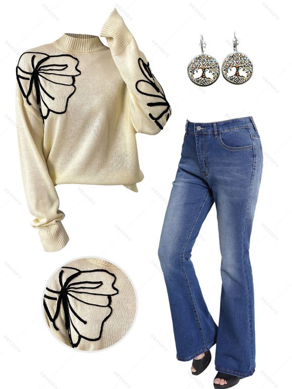 Contrast Flower Drop Shoulder Sweater and Pocket Zip Fly Denim Pants Life Tree Pattern Round Earrings Outfit - café lumière S | US 4