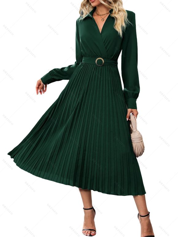 Robe Plissée Ceinturée Anneau en O en Couleur Unie à Manches Longues à Col Relevé - Vert profond M | US 6