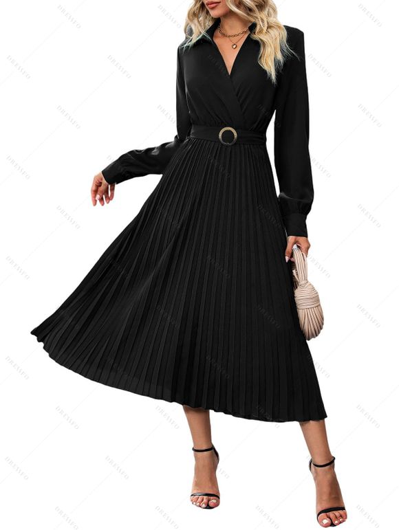 Robe Plissée Ceinturée Anneau en O en Couleur Unie à Manches Longues à Col Relevé - Noir XL | US 10