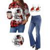 Christmas Plaid Snowman Letter Snowflake Print Drawstring Hoodie And Zip Fly Flare Jeans Hook Drop Earrings Outfit - Rouge foncé S | US 4